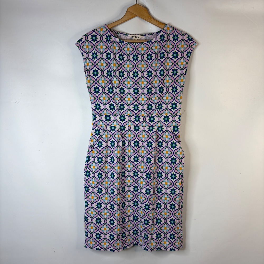 Boden Sheath Dress Women 8R Pink Blue Geometric Floral Tile Print Cap Sleeve